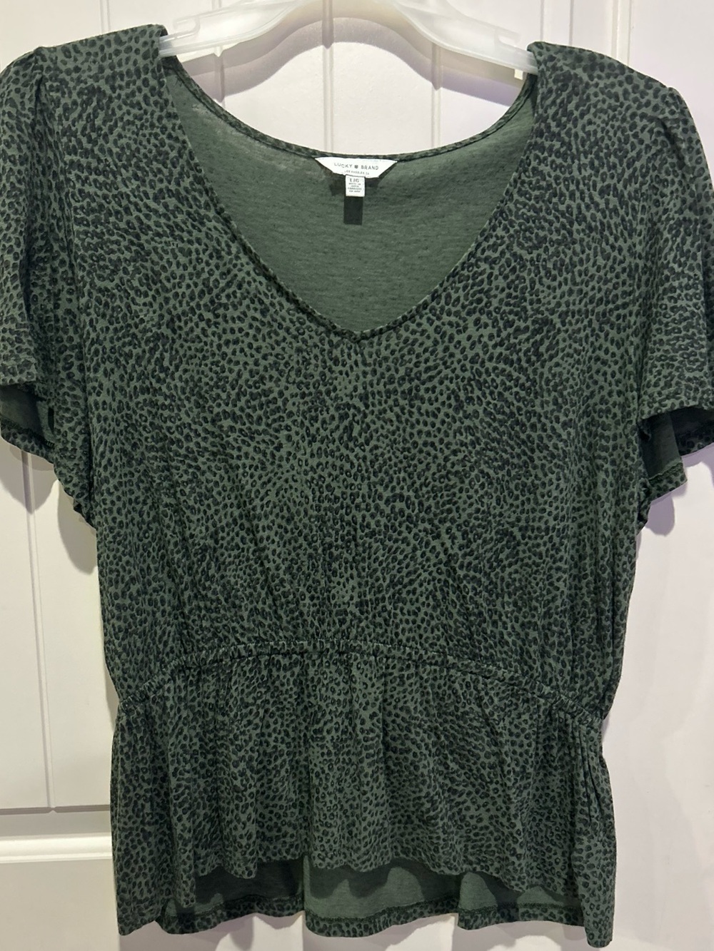 Lucky Brand Olive Green Short Sleeve Peplum Top with Subtle Animal Print